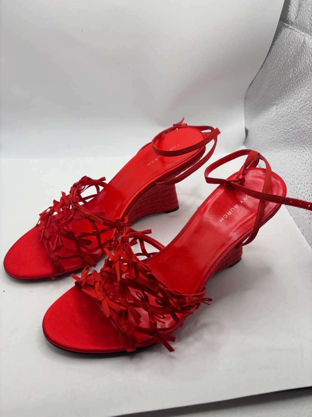 Tory Burch Cherry Red Slingback Sandals SZ 9 Mini Bow Espadrille Wedge platform